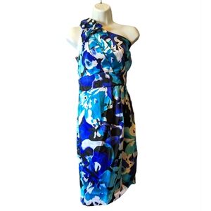 Bisou Bisou Blue & White Floral One Shoulder Dress Abstract Asymmetrical   Sz L